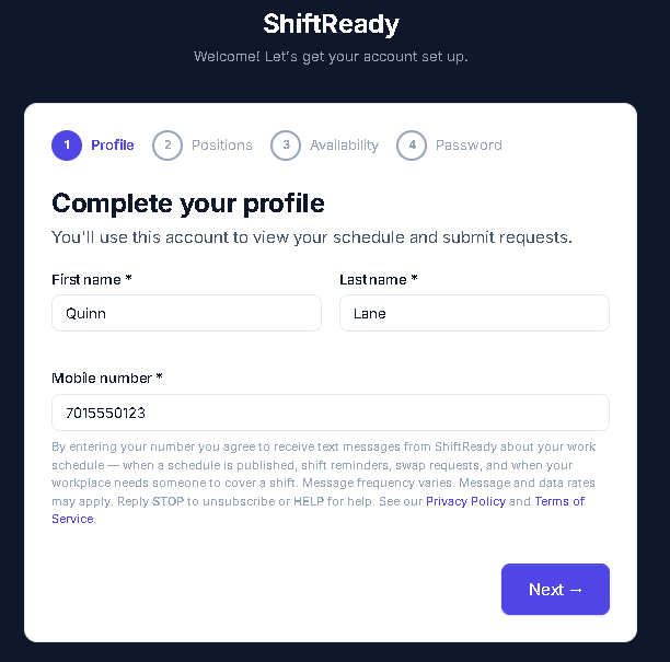 ShiftReady account setup screen showing the mobile number field with the SMS consent disclosure text directly beneath it.