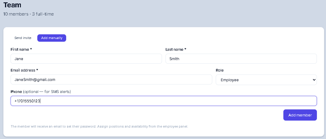 ShiftReady Team page 'Add manually' form showing name, email, and an optional phone field labeled 'for SMS alerts'.