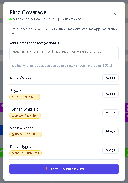 ShiftReady showing which employees are available to cover a shift, with overtime warnings