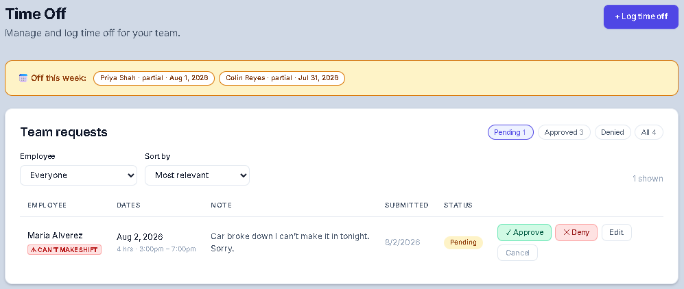 A manager's view of a pending call-out from an employee who cannot make their shift
